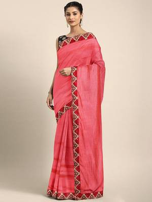 Pink embroidered border saree 1