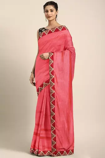 Pink embroidered border saree