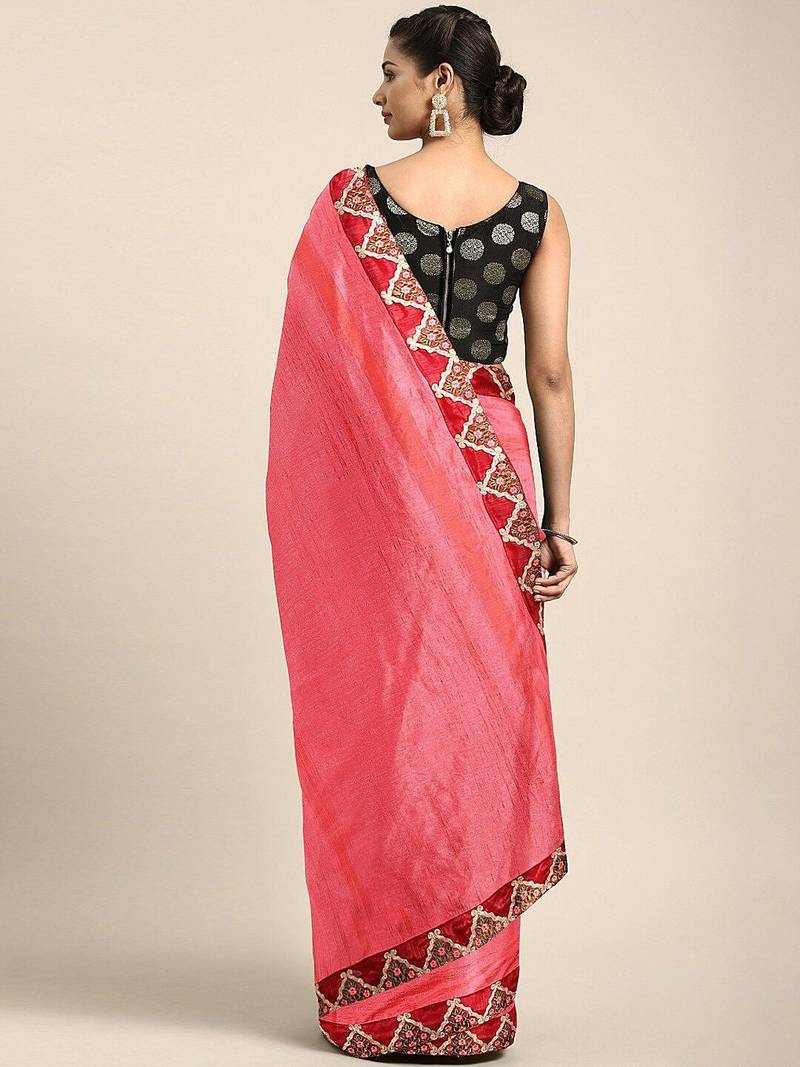 Pink embroidered border saree