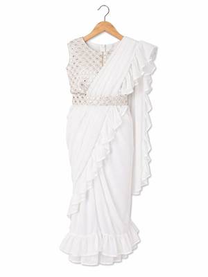 Cream sequinned pure georgette banarasi saree 2