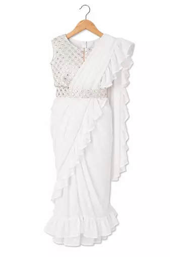 Cream sequinned pure georgette banarasi saree