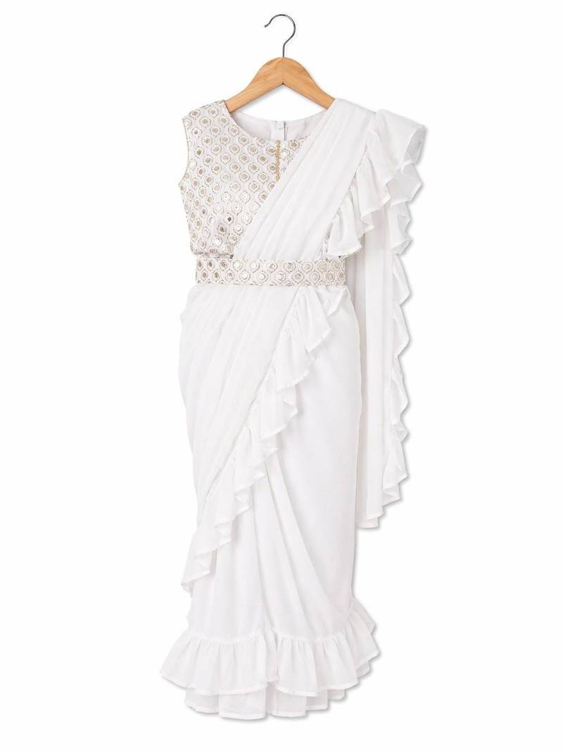 Cream sequinned pure georgette banarasi saree