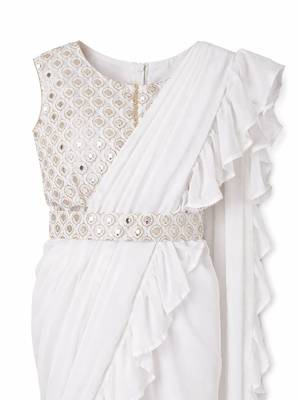 Cream sequinned pure georgette banarasi saree 4