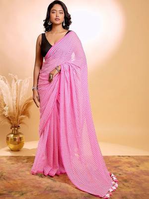 Pink checked pure cotton saree 1