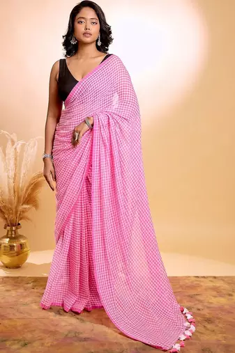 Pink checked pure cotton saree
