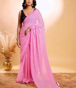 Pink checked pure cotton saree