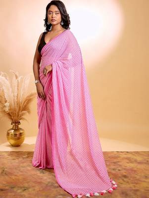 Pink checked pure cotton saree 4