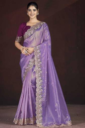 Lavender embroidered silk blend designer saree