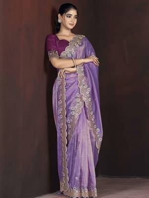 Lavender embroidered silk blend designer saree 2