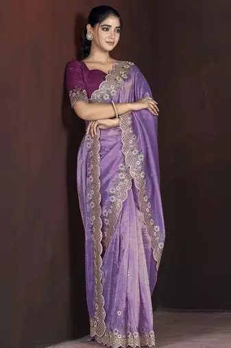 Lavender embroidered silk blend designer saree