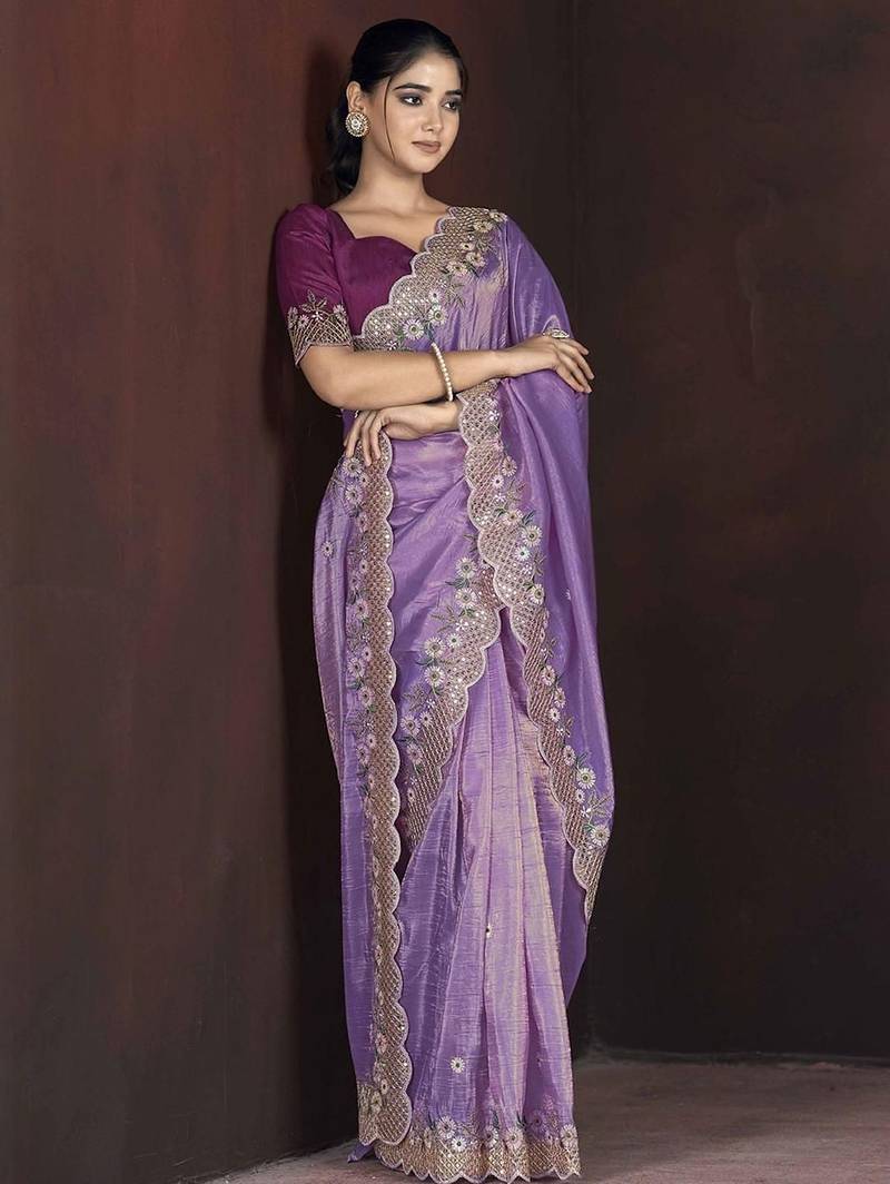Lavender embroidered silk blend designer saree