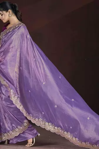 Lavender embroidered silk blend designer saree