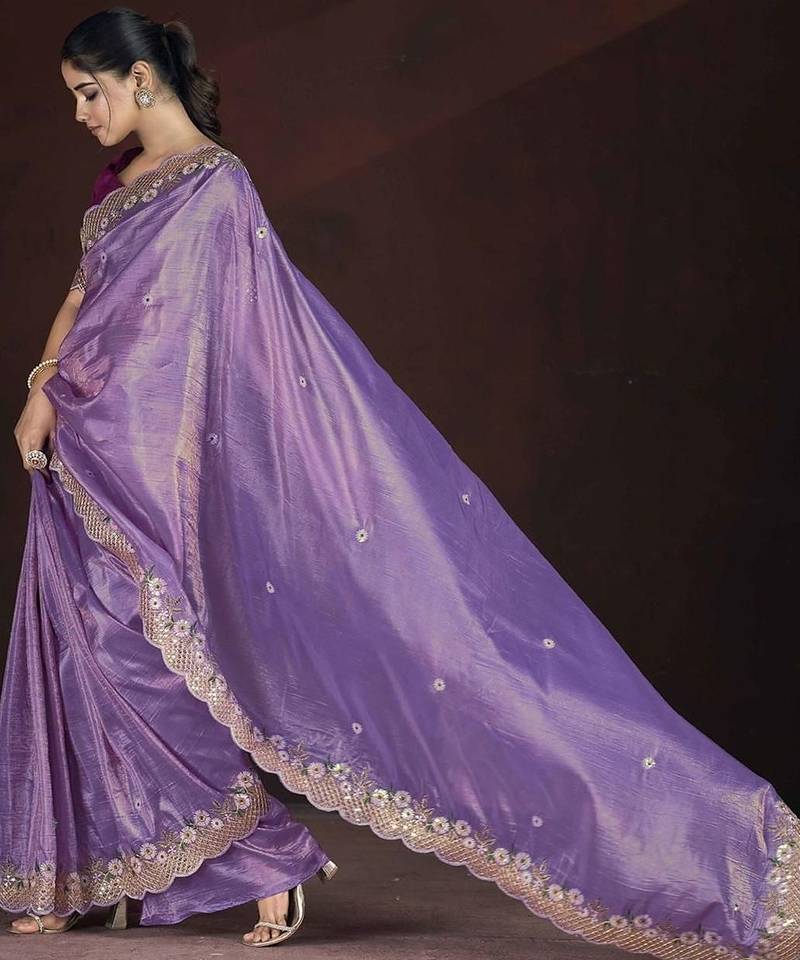 Lavender embroidered silk blend designer saree