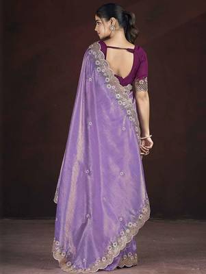 Lavender embroidered silk blend designer saree 4