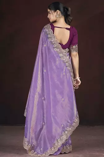 Lavender embroidered silk blend designer saree