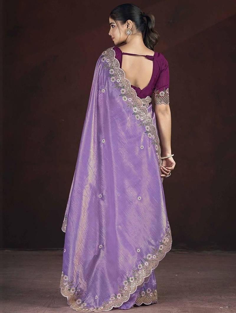 Lavender embroidered silk blend designer saree
