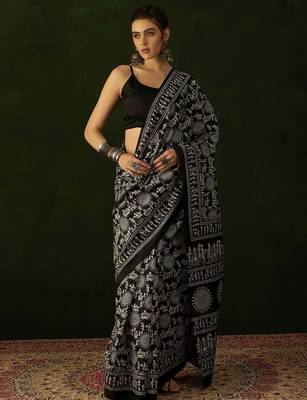 Black warli silk cotton designer dabu saree 1