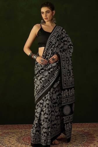 Black warli silk cotton designer dabu saree