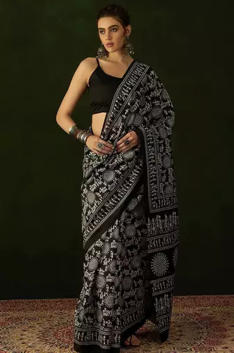 Black warli silk cotton designer dabu saree