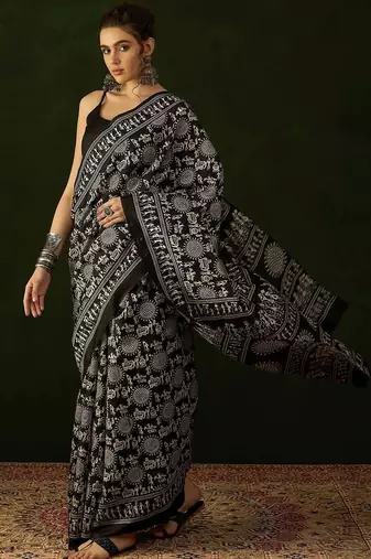 Black warli silk cotton designer dabu saree