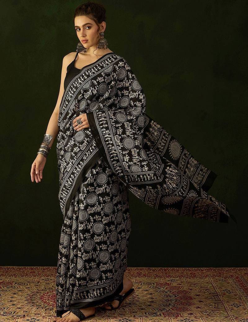 Black warli silk cotton designer dabu saree