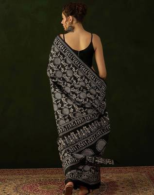Black warli silk cotton designer dabu saree 3