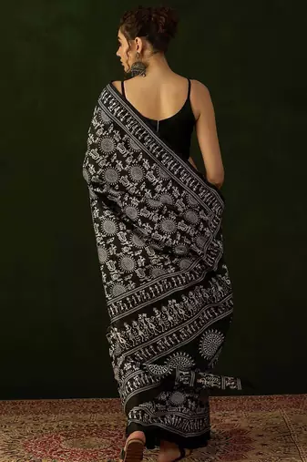 Black warli silk cotton designer dabu saree