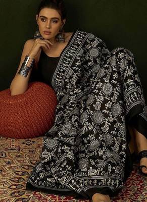 Black warli silk cotton designer dabu saree 4