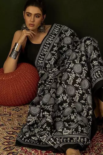 Black warli silk cotton designer dabu saree