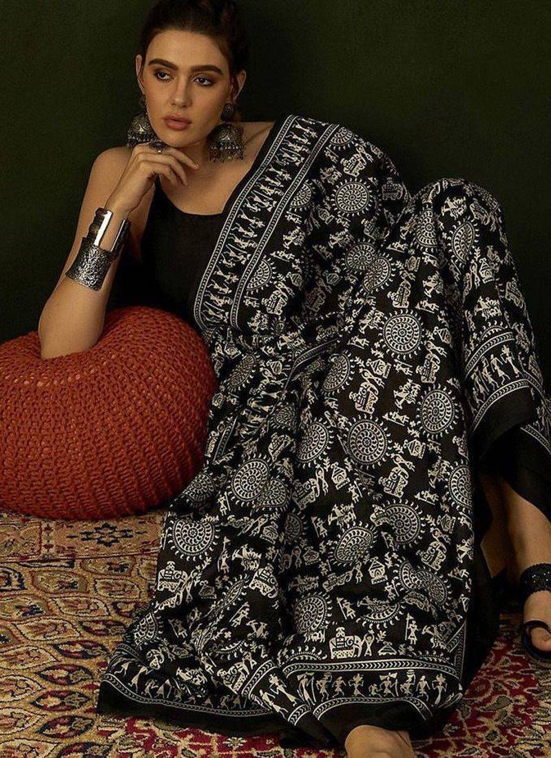 Black warli silk cotton designer dabu saree