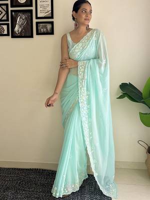 Blue solid embellished sequinned scallop border saree 1