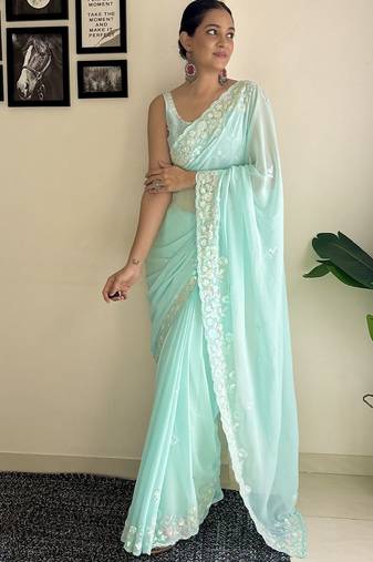 Blue solid embellished sequinned scallop border saree