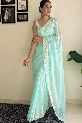 Blue solid embellished sequinned scallop border saree