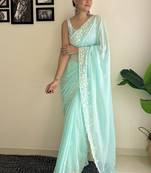 Blue solid embellished sequinned scallop border saree