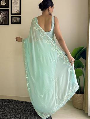 Blue solid embellished sequinned scallop border saree 2