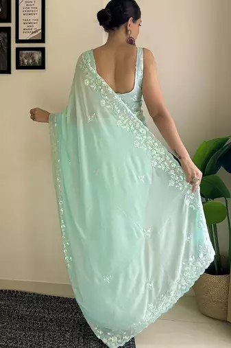 Blue solid embellished sequinned scallop border saree