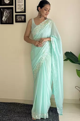 Blue solid embellished sequinned scallop border saree