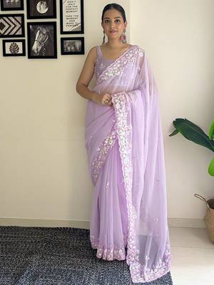Lavender women embroidery saree with unstitched blouse piece 1