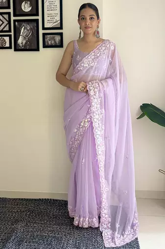 Lavender women embroidery saree with unstitched blouse piece