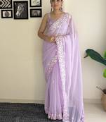 Lavender women embroidery saree with unstitched blouse piece