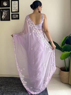 Lavender women embroidery saree with unstitched blouse piece 2