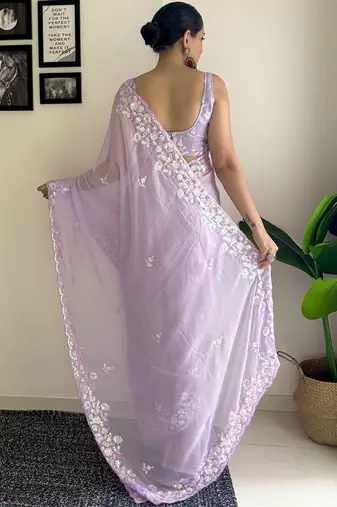 Lavender women embroidery saree with unstitched blouse piece