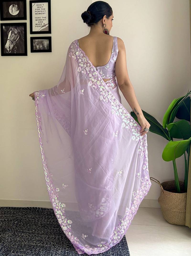 Lavender women embroidery saree with unstitched blouse piece