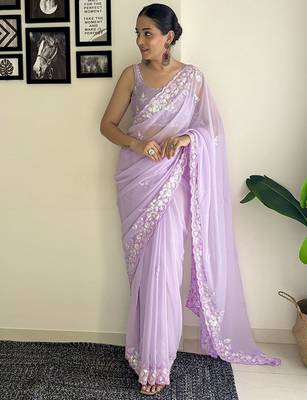 Lavender women embroidery saree with unstitched blouse piece 3