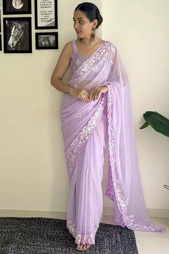 Lavender women embroidery saree with unstitched blouse piece