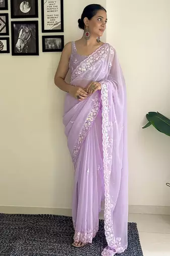 Lavender women embroidery saree with unstitched blouse piece