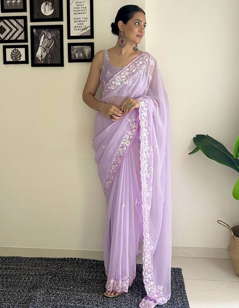 Lavender women embroidery saree with unstitched blouse piece
