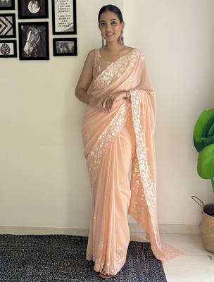 Peach ethnic motifs embroidered sequinned saree 1