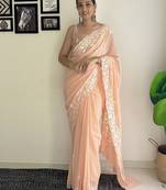 Peach ethnic motifs embroidered sequinned saree
