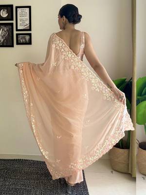 Peach ethnic motifs embroidered sequinned saree 2